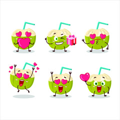 Sticker - Green coconut drink cartoon character with love cute emoticon. Vector illustration