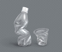 Crumpled Plastic Cup And Bottle For Water, Disposable Mug And Flask. Crumple Trash, Used Empty Container For Beverages Isolated On Transparent Background, Pollution Concept, Realistic 3d Vector Mockup