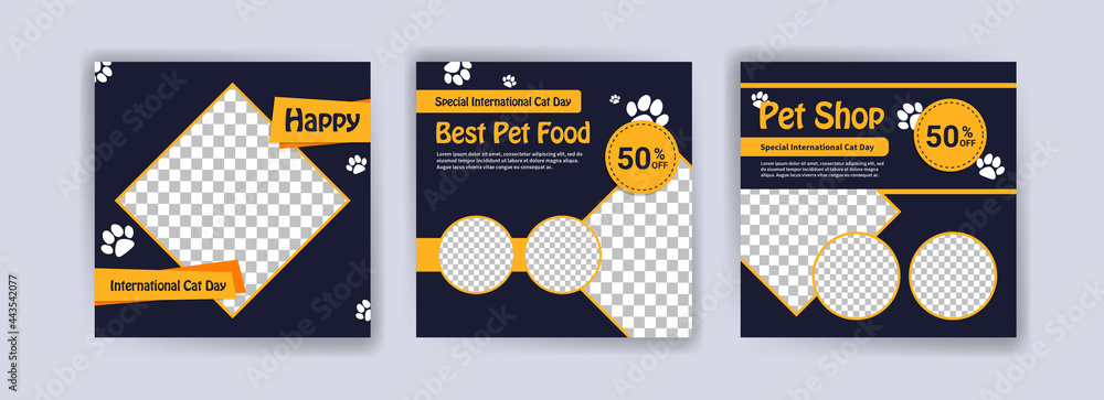 international Cat day. Pet shop square banner template. Promotional Banner for social media ads, web ads, business messages, discount flyers and big sale banners. - obrazy, fototapety, plakaty 