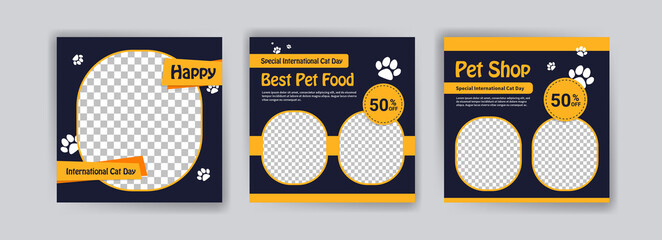 international Cat day. Pet shop square banner template. Promotional Banner for social media ads, web ads, business messages, discount flyers and big sale banners.