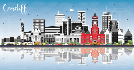 Wall Mural - Cardiff Wales City Skyline with Color Buildings, Blue Sky and Reflections.
