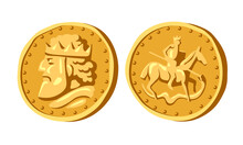 Medieval Ancient Coin With The Profile Of A King, A Spearman On A Horse, Obverse And Reverse, Numismatic Hobby, Color Vector Illustration Isolated On A White Background In A Cartoon And Flat Design