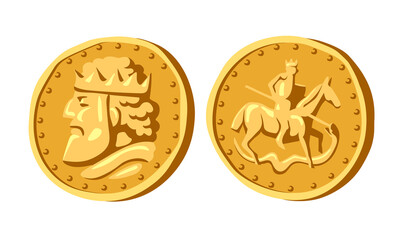 medieval ancient coin with the profile of a king, a spearman on a horse, obverse and reverse, numismatic hobby, color vector illustration isolated on a white background in a cartoon and flat design