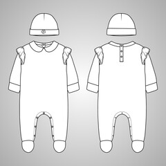 Baby bodysuit and Cap Technical Fashion sketch vector fashion template Front And back view. Modern Stylish Kids Dress design illustration. Easy edit and customizable.