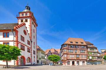 Mosbach, Germany - June 2021: Old city hall and half timbered buildings at historic city center on sunny day