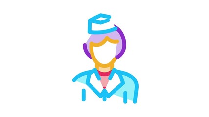 Sticker - Stewardess Woman Silhouette Icon Animation. color Stewardess Wearing Professional Clothes And Hat Concept Linear Pictogram. Flight Service animated icon on white background