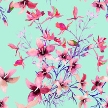 Pink Wildflowers Watercolor On Light Turquoise Background Seamless Pattern For All Prints.