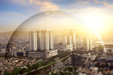 Wall Mural - Modern building and skyscrapers view with dome protection