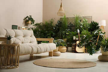 Poster - Living room interior with stylish furniture and different houseplants