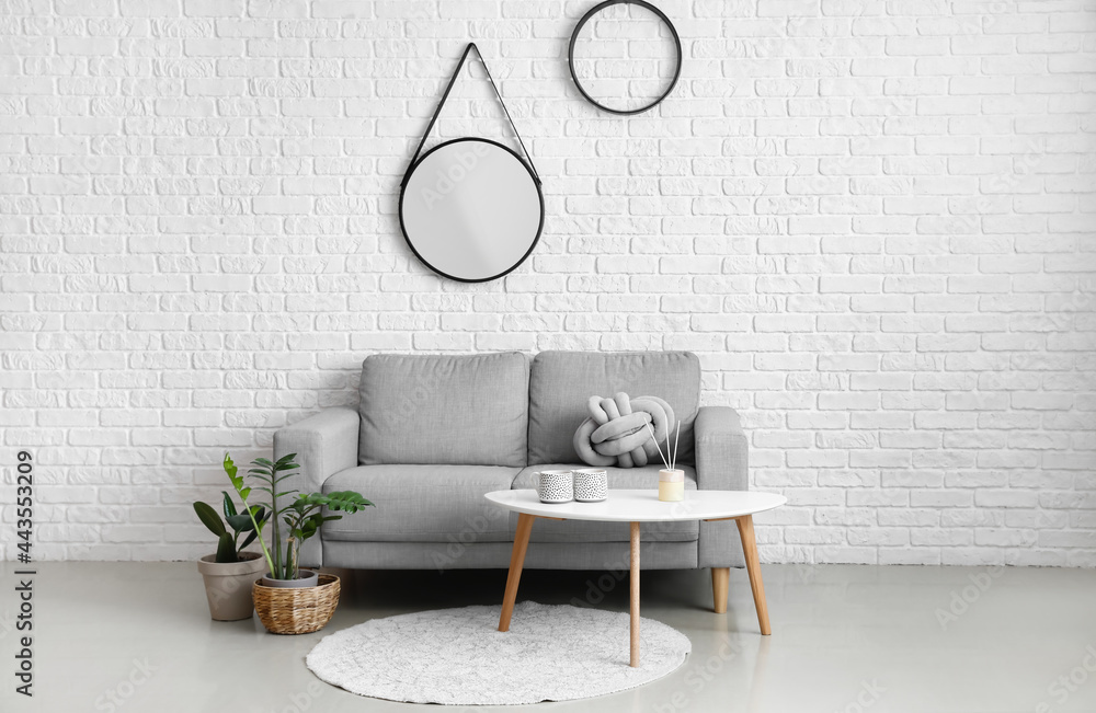 Interior of stylish living room with mirror