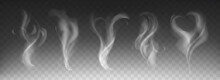Steam Smoke Realistic Set With Heart And Swirl Shape On Dark Transparent Background. White Fume Waves Of Hot Drink, Coffee, Cigarettes, Tea Or Food. Mockup Of Flow Mist Swirls. Fog Effect Concept.