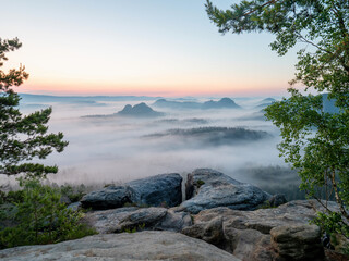 Beautiful morning view Saxony Switzerland. Sandstone peaks and hills