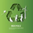 Recycle Symbol, kids playing kite, enjoy their life in a good atmosphere, save the planet and energy concept, paper illustration, and 3d paper.