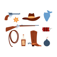 Wall Mural - Cowboy outfit details and weapon collection, flat vector illustration isolated.