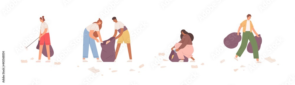 Set of people collecting garbage into trash bags. Eco-volunteers picking plastic litter and cleaning environment. Activists with rubbish. Flat vector illustration isolated on white background - obrazy, fototapety, plakaty 