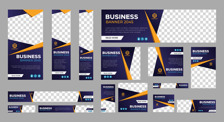 Set of business web banner templates with different standard size. Abstract corporate horizontal, vertical, square ad banner with place for images. Vector EPS