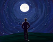 Silhouette of a lonely man against the background of the night starry sky and the full moon. Loneliness and contemplation