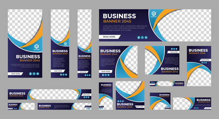Set of business web banner templates with different standard size. Abstract corporate horizontal, vertical, square ad banner with place for images. Vector EPS