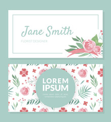 Sticker - Floral Visit Card with Flower Arrangement Vector Template