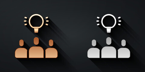 Gold and silver Project team base icon isolated on black background. Business analysis and planning, consulting, team work, project management. Long shadow style. Vector