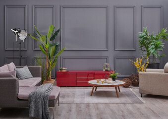 Grey living room television unit with sofa, home decoration modern background wall, green plant style.