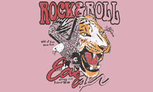 Rock And Roll T Shirt Design. Eagle Vector Print For Apparel. Hungry Tiger Artwork For Fashion And Others. 