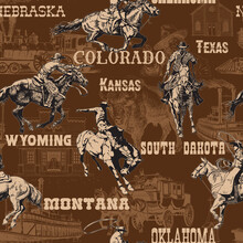 Vector Image Of Seamless Texture Wild West Rodeo Cowboys Print On Fabric Paper