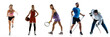Sport collage. Tennis, basketball, fitness, running, hockey, players posing isolated on white studio background.