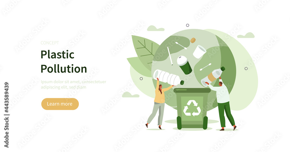 People characters collecting plastic trash into recycling garbage bin. Woman and man taking out the garbage. Plastic pollution problem concept. Flat cartoon vector illustration.
 - obrazy, fototapety, plakaty 