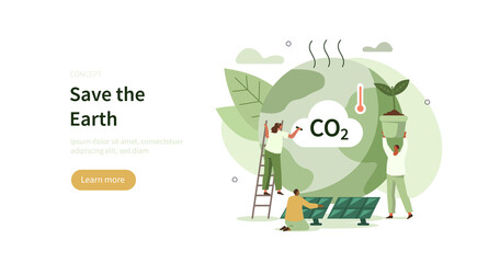 People trying to save planet earth from climate change. Characters planting trees, using clean energy, warning about CO2 emission.  Climate change problem concept. Flat cartoon vector illustration.