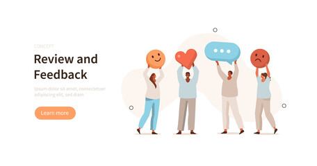 Wall Mural - people сharacters holding different signs to show positive, negative and neutral satisfaction rating