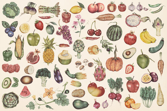 Hand drawn vegetables and fruits patterned background illustration