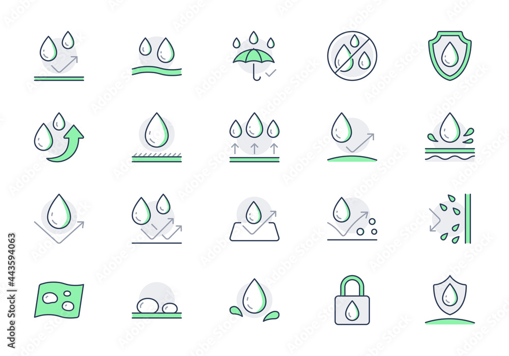 Waterproof line icons. Vector illustration include icon - shield, hydrophobic material, membrane, umbrella, oleophobic outline pictogram for anti water protect. Green color, Editable Stroke - obrazy, fototapety, plakaty 