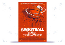 Vector Illustration Template, Posters And Flyers Of A Basketball Tournament, A Brick Broken Wall From The Impact Of A Basketball Ball, A Crack In The Wall, The Season Of The National Basketball Tourna