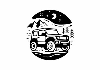 Canvas Print - Black line art illustration of night off road