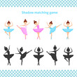 Shadow matching printable worksheet. Educational game for toddlers with cute ballerinas. It can be used for kindergarten and preschool. Children pastime page.