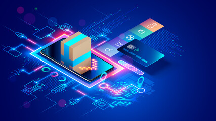 Leinwandbilder - Shopping online. Internet shop in web on mobile phone. Online store service on smartphone browser with Icons of product. Payment, delivery of order from Internet marketplace. Concept e-commerce.