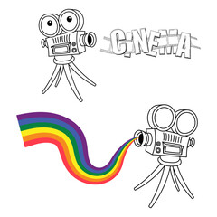 Poster - Silhouette of vintage cinema projector on a tripod with multicolor beam. Detailed camcorder with film strip and text. Set of design elements for film festival template, banner, flyer, poster, tickets.