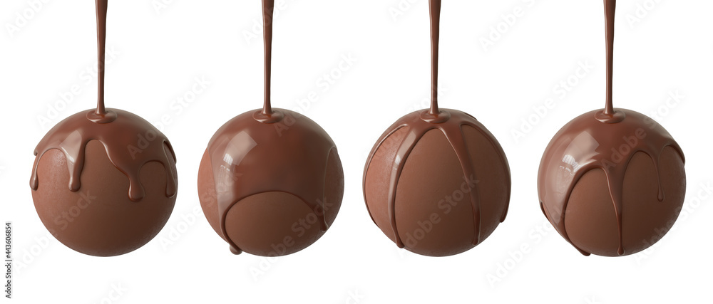 Homemade cocoa ball with melted chocolate isolated on white background, 3d illustration. - obrazy, fototapety, plakaty 