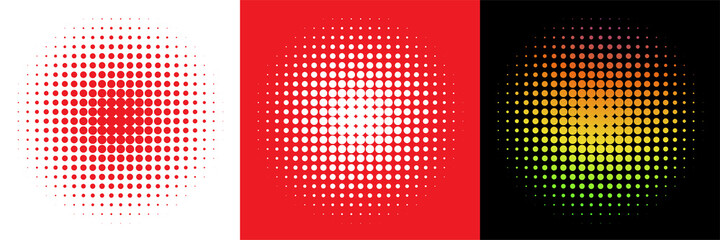 Set of 3 Circles in Retro Halftone Style. Halftone Dot Pattern. Vector Illustration. Colorful.