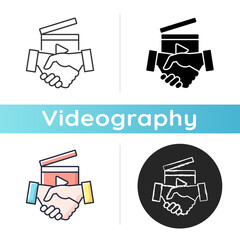 Business to Business videos icon. B2B service in filmmaking industry. Shooting professional content for company. Videography. Linear black and RGB color styles. Isolated vector illustrations