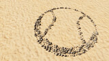 Fototapeta Przestrzenne - Concept conceptual stones on beach sand handmade symbol shape, golden sandy background, ball sign. A 3d illustration metaphor for sport,  basketball, tennis, competition and fun or health