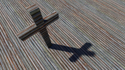 Concept or conceptual cross on a natural wood or wooden texture background. 3d illustration metaphor for God, Christ, Christianity, religious, faith, holy, spiritual, Jesus, belief, resurection