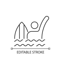 Sticker - Emergency signal for drowning linear icon. Waving arm above head. Surfer in dangerous situation. Thin line customizable illustration. Contour symbol. Vector isolated outline drawing. Editable stroke