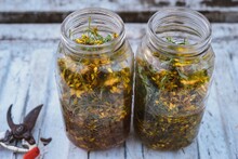 High Angle View Of Herbs In Glass Jar On Table