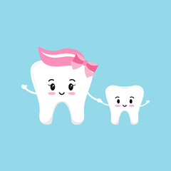 Sticker - Happy smile teeth family isolated on blue background. Dentist emoji faces tooth family - mum and son. Dental health vector flat design cartoon kawaii style illustration. Family treatment concept.