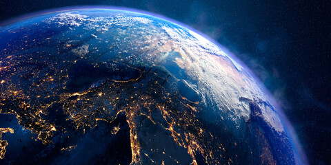 planet earth with exaggerated precise relief and volumetric atmosphere. day-night transition. turkey