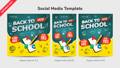 Back to online school social media template background. Flash Sale up to 70 percentage off. Design with icon chalk style and 3d illustration.