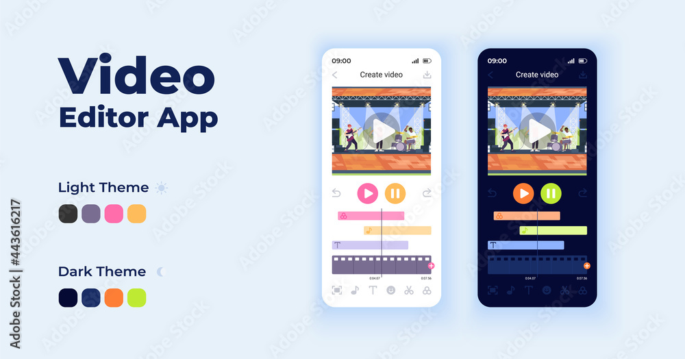 Video editor cartoon smartphone interface vector templates set. Mobile ...