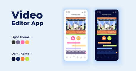 Video editor cartoon smartphone interface vector templates set. Mobile app screen page night and day mode design. Photo slideshow creation UI for application. Phone display with flat character